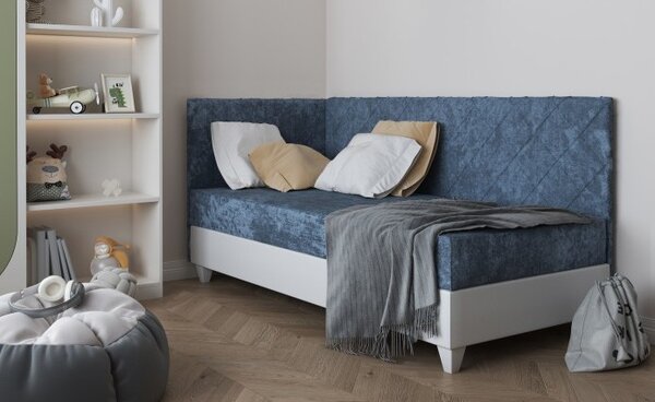 Čalouněná postel s úložným prostorem 90x200 METRA 5 - modrá / bílá eko kůže, levé provedení