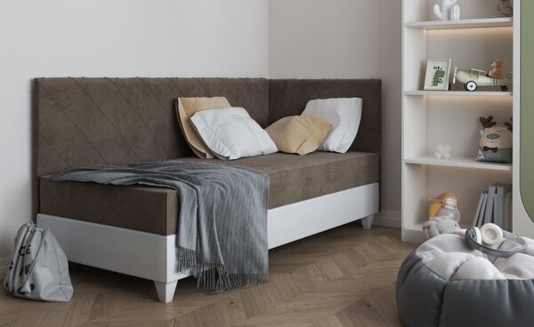 Čalouněná postel s úložným prostorem 90x200 METRA 5 - hnědá / bílá eko kůže, pravé provedení