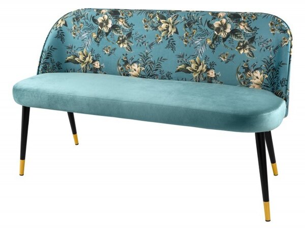 Moderní art-deco lavice Floreque do předsíně s tyrkysovým sametovým čalouněním s florálním motivem 130cm