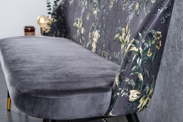 Moderní art-deco čalouněná lavice Floreque do předsíně s šedým sametovým potahem s florálním motivem 130cm