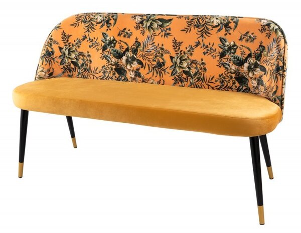 Art-deco stylová lavice Floreque do předsíně se sametovým žlutým potahem s květinovým vzorem 130cm
