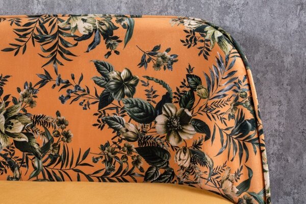Art-deco stylová lavice Floreque do předsíně se sametovým žlutým potahem s květinovým vzorem 130cm
