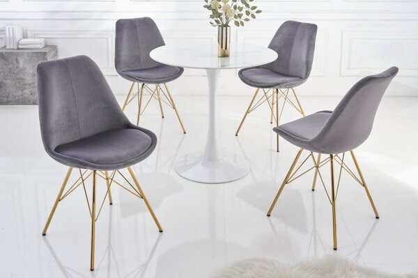 Art deco moderní jídelní židle Scandinavia s tmavě šedým sametovým čalouněním a zlatýma nohama 86cm
