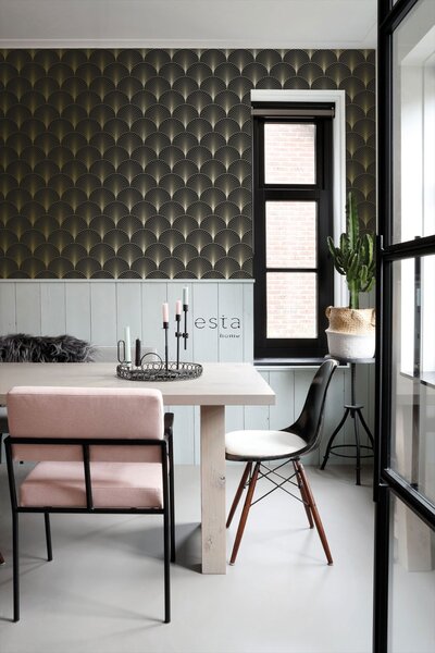 Vliesová tapeta na zeď, Art deco, černo-zlatá, 139457, Bloom, Esta Home