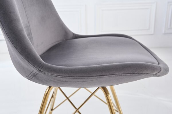 Art deco moderní jídelní židle Scandinavia s tmavě šedým sametovým čalouněním a zlatýma nohama 86cm