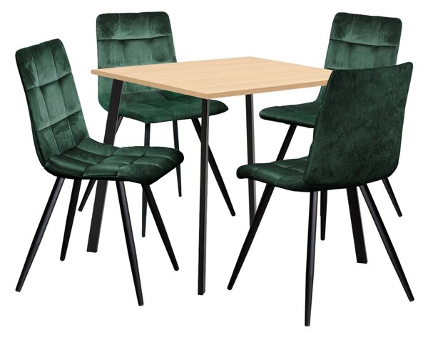 Jídelní stůl 80x80 BERGEN dub + 4 židle BERGEN zelený samet
