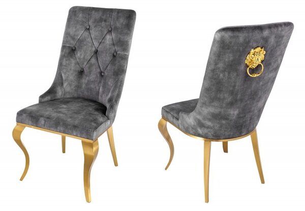 Barokní jídelní židle v moderním stylu Gold Barock zlatá/šedá s klepadlem ve tvaru hlavy lva 102cm
