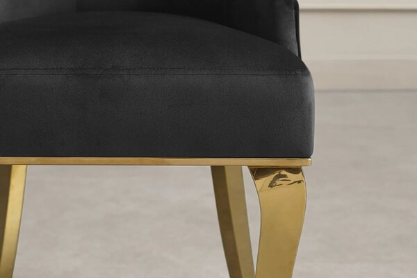 Designová glamour jídelní židle Gold Barock s kabriolovýma nohama ve zlaté barvě a černým sametovým potahem 100 cm