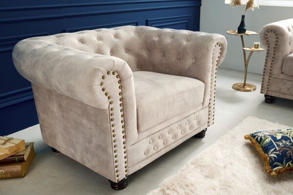Luxusní chesterfield křeslo Contessa s čalouněním v barvě šampaňského s prošíváním a kovovým zdobením 105cm
