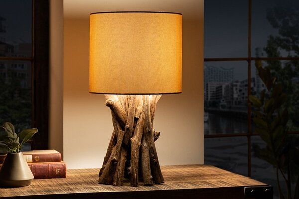 Venkovská stolní lampa Missle z přírodního teakového dřeva s kulatým béžovým stínítkem 50cm