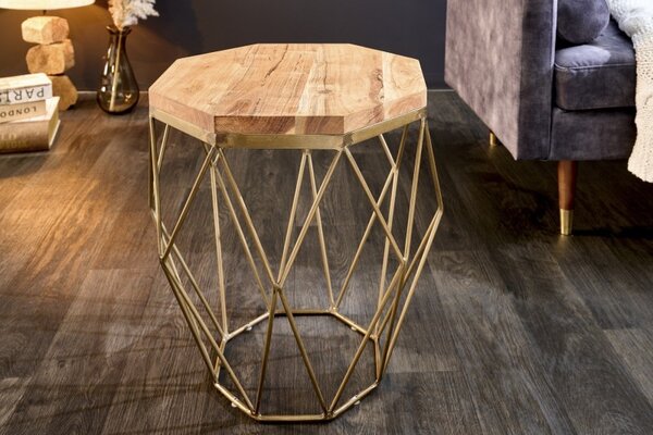 Designový konferenční stolek Solid Diamond z masivu v moderním stylu s kovovou podstavou ve zlaté barvě hnědý 50cm