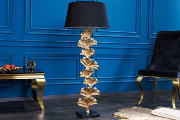 Art deco stojací lampa Ginka z kovu ve zlaté barvě s černým textilním stínítkem 122cm