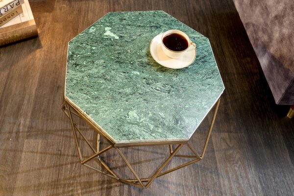 Art-deco příruční stolek Diamond Marble s kovovou podstavou ve zlaté barvě v provedení zelený mramor 50cm