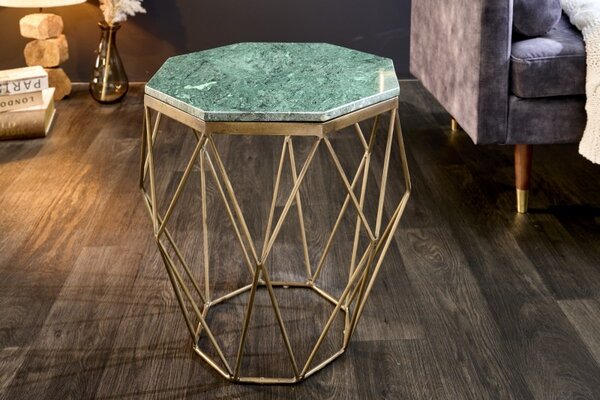 Art-deco příruční stolek Diamond Marble s kovovou podstavou ve zlaté barvě v provedení zelený mramor 50cm