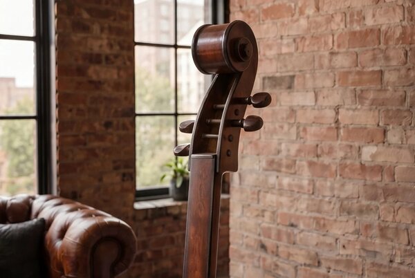 Designová masivní vinotéka Barley ve tvaru violoncella v hnědé barvě s černými detaily s patinovaným efektem 135 cm