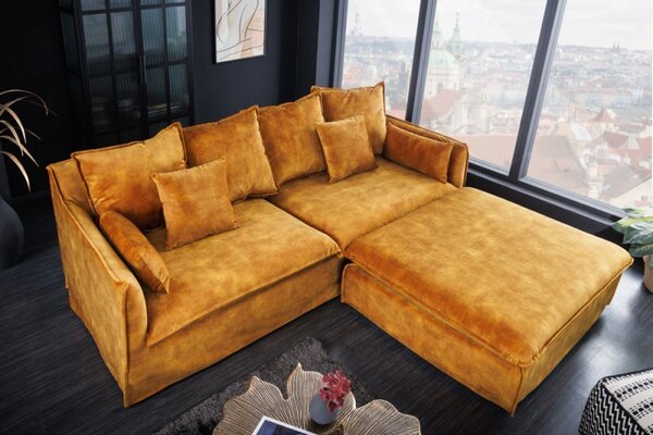 Stylový moderní taburet Heaven se žlutým potahem ze sametu čtvercového tvaru 100cm