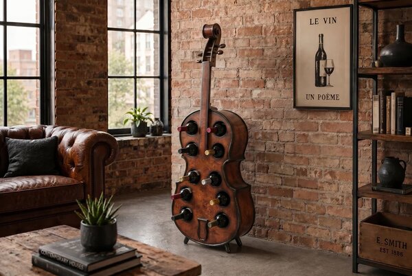 Designová masivní vinotéka Barley ve tvaru violoncella v hnědé barvě s černými detaily s patinovaným efektem 135 cm