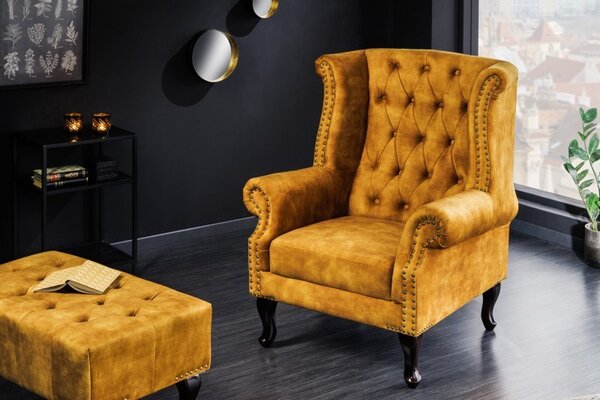 Designová taburetka Cella s Chesterfield sametovým čalouněním s dřevěnými nožičkami hořčicově žlutá 80cm