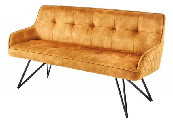 Retro stylová lavice Dunelon se žlutým sametovým čalouněním a černými kovovými nožičkami 160cm