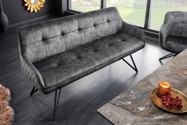 Designová lavice Dunelon s tmavě šedým sametovým potahem a černýma nohama z kovu 160cm