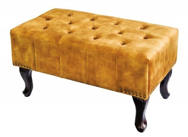 Designová taburetka Cella s Chesterfield sametovým čalouněním s dřevěnými nožičkami hořčicově žlutá 80cm
