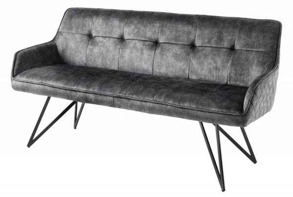 Designová lavice Dunelon s tmavě šedým sametovým potahem a černýma nohama z kovu 160cm