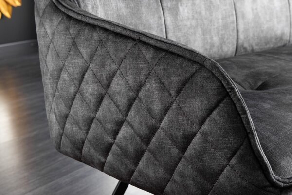 Designová lavice Dunelon s tmavě šedým sametovým potahem a černýma nohama z kovu 160cm