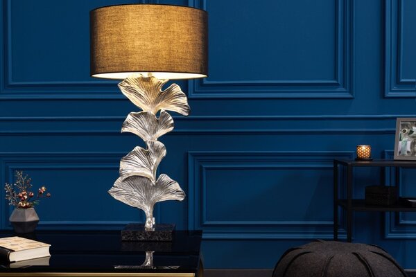 Designová art deco stolní lampa Ginko stříbrné barvy z kovu s černým kulatým stínítkem 70cm