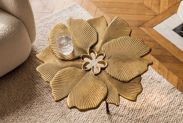 Glamour designový konferenční stolek Ginko ve zlatém provedení ve tvaru listů jinanu s černými nožičkami 50 cm