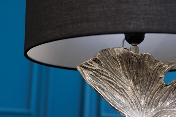 Designová art deco stolní lampa Ginko stříbrné barvy z kovu s černým kulatým stínítkem 70cm