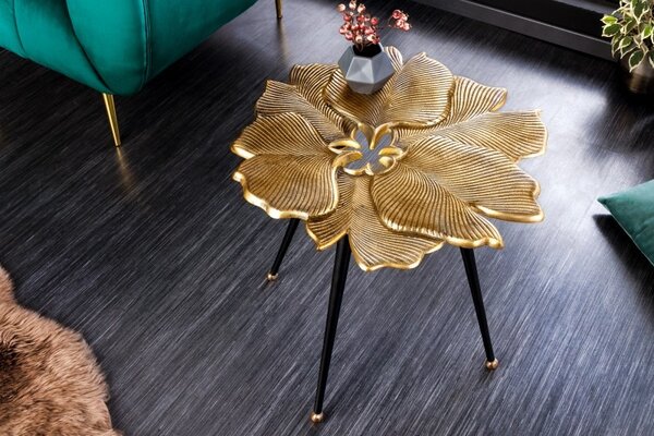Glamour designový konferenční stolek Ginko ve zlatém provedení ve tvaru listů jinanu s černými nožičkami 50 cm