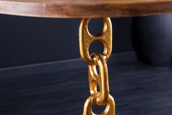Designový kulatý příruční stolek Belime Gold s ozdobnou zlatou konstrukcí z kovu a mangovou vrchní deskou 54cm