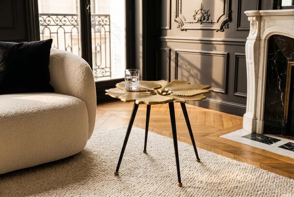Glamour designový konferenční stolek Ginko ve zlatém provedení ve tvaru listů jinanu s černými nožičkami 50 cm