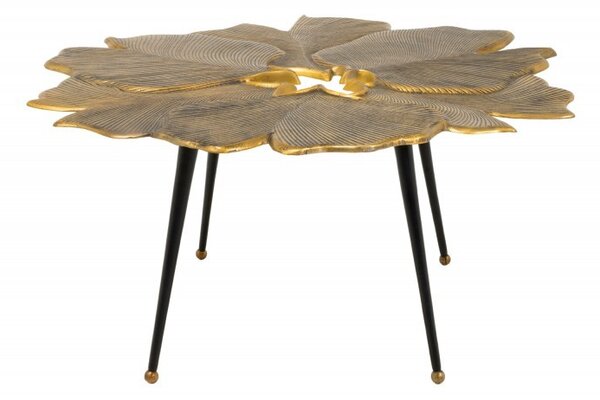 Art deco konferenční stolek Ginko zlaté barvy ve tvaru listů s černými nožičkami z kovu 90cm