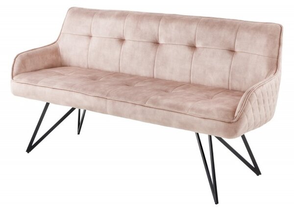 Retro stylová čalouněná lavice Dunelon se starorůžovým sametovým potahem a černými kovovými nožičkami 156cm