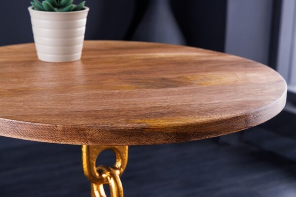 Designový kulatý příruční stolek Belime Gold s ozdobnou zlatou konstrukcí z kovu a mangovou vrchní deskou 54cm