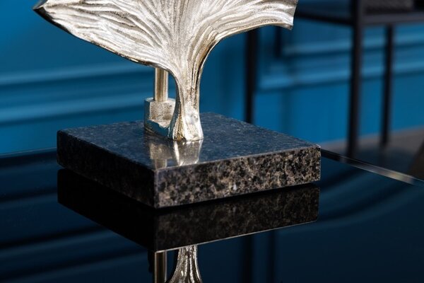 Designová art deco stolní lampa Ginko stříbrné barvy z kovu s černým kulatým stínítkem 70cm