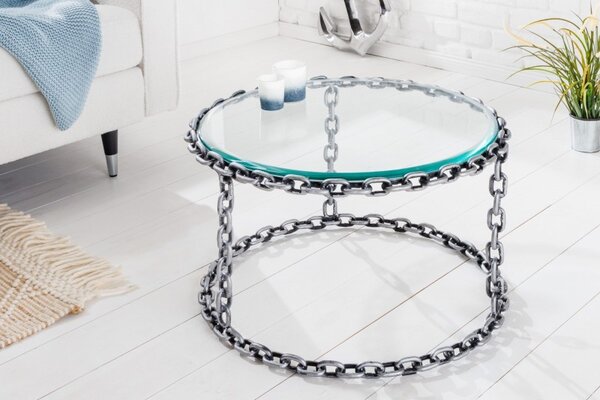 Moderní kulatý konferenční stolek Belime Silver II s kovovou řetězovou konstrukcí a skleněnou deskou 40cm