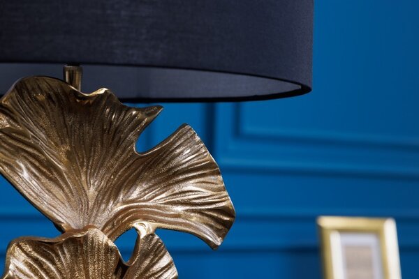 Glamour art deco stolní lampa Ginko zlaté barvy s černým kulatým stínítkem 70cm