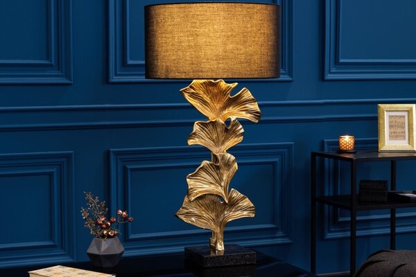 Glamour art deco stolní lampa Ginko zlaté barvy s černým kulatým stínítkem 70cm