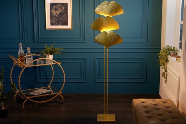 Designová glamour stojací lampa Ginko zlaté barvy z kovu s ozdobnými listy jinanu 160cm