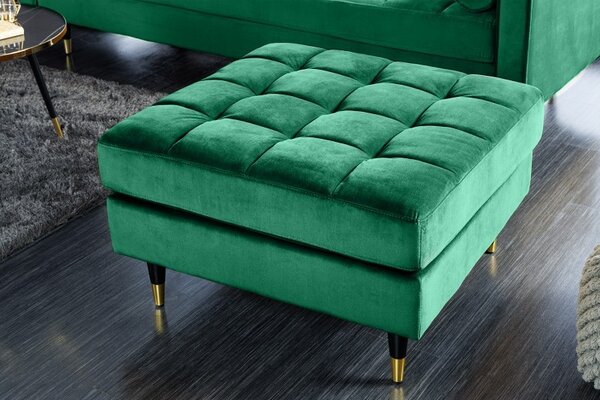 Art deco designová taburetka Nefertiti se smaragdově zeleným sametovým čalouněním a černo-zlatými nožičkami 80cm