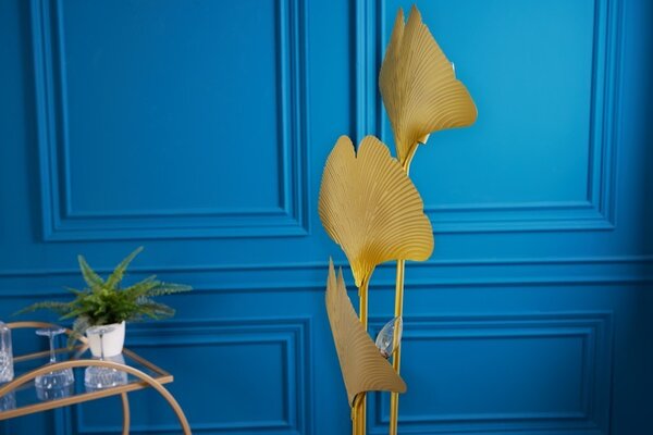 Designová glamour stojací lampa Ginko zlaté barvy z kovu s ozdobnými listy jinanu 160cm