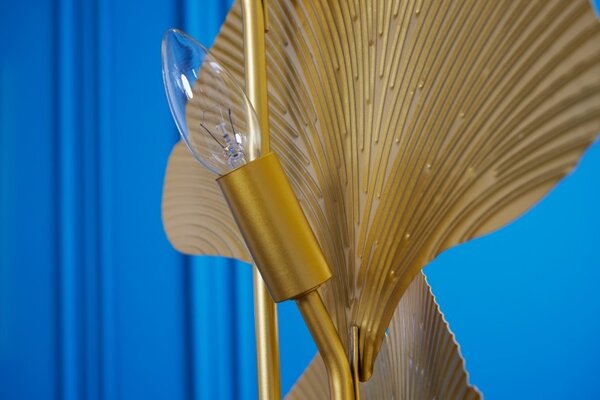 Designová glamour stojací lampa Ginko zlaté barvy z kovu s ozdobnými listy jinanu 160cm