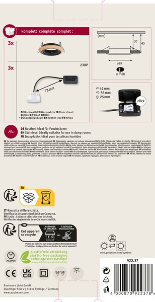 Paulmann 92237 Lanati Coin, set dřevěných bodovek s černou, 3x6W LED 2700K, prům. 8,4cm