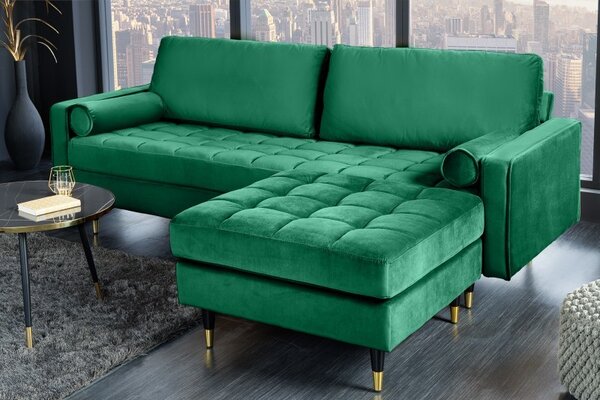 Art deco designová taburetka Nefertiti se smaragdově zeleným sametovým čalouněním a černo-zlatými nožičkami 80cm