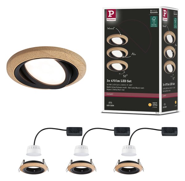 Paulmann 92237 Lanati Coin, set dřevěných bodovek s černou, 3x6W LED 2700K, prům. 8,4cm
