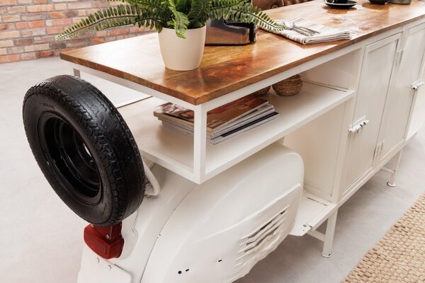 Designový barový pult Scooter s úložným prostorem z kovu bílé barvy as masivní mangovou deskou 250cm