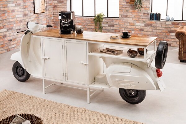Designový barový pult Scooter s úložným prostorem z kovu bílé barvy as masivní mangovou deskou 250cm