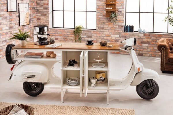 Designový barový pult Scooter s úložným prostorem z kovu bílé barvy as masivní mangovou deskou 250cm